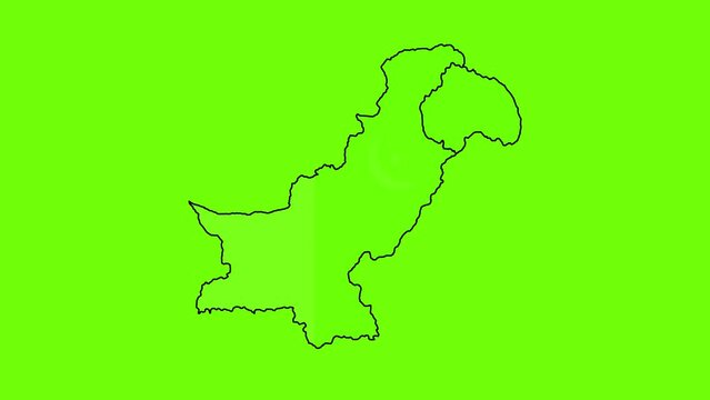 Pakistan map simple black line art 2d animation on green screen background, pakistan territory outline drawing animated video