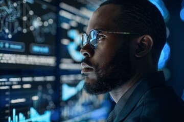 African American IT specialist monitoring digital security threats, blue tech overlays, and matrix visuals, emphasizing cybersecurity and tech integration, with copy space.