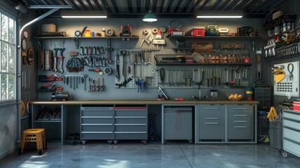Clean and organized garage with tools hyper realistic 