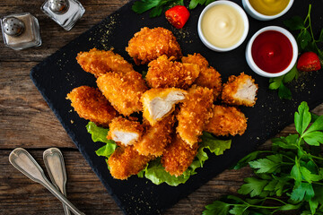 Fried breaded chicken nuggets served with mayonnaise, ketchup and mustard on wooden table
