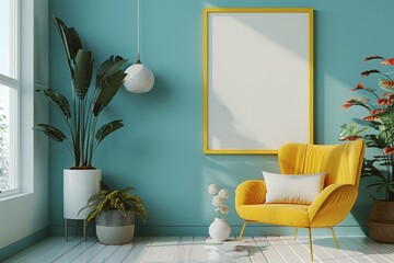 Yellow armchair in the living room with blue wall and plants