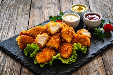 Fried breaded chicken nuggets served with mayonnaise, ketchup and mustard on wooden table
