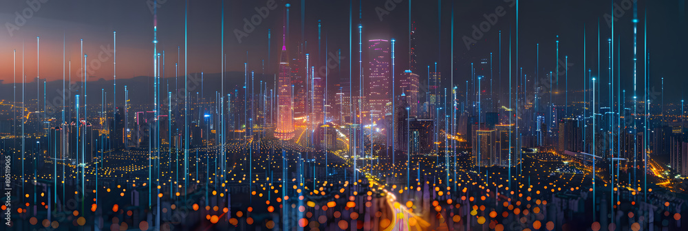 Poster smart city and abstract dot point connect with gradient line and aesthetic intricate wave line desig
