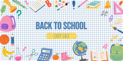 Vector horizontal back to school sale banner. School poster background. Notebook sheet in cage with painted school supplies. Backpack, notebook, textbooks, pencils. Layout for discount labels, flyers 