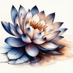  watercolor style depiction shows a blooming lotus flower surrounded by buds and leaves, all resting on a serene water surface