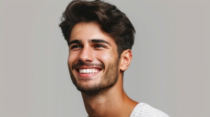 Obraz premium Close-up portrait of a handsome man with a happy smile looking to the left sideways in studio, isolated on transparent background hyper realistic 