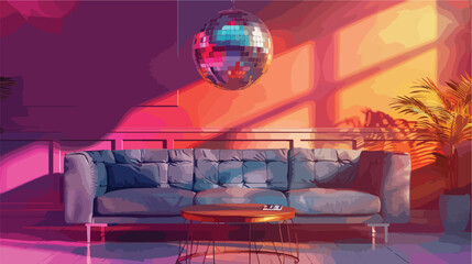 Interior of modern living room disco ball on grey sofa