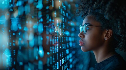 AI cyber security threat concept with digital interface overlays, African American female IT specialist analyzing data, featuring blue technology graphics and matrix numbers, with