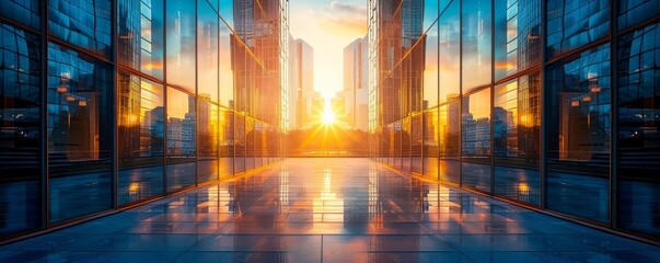 The sun rises over the city, casting its golden rays upon the glass and steel facades of the skyscrapers. The city is abuzz with activity as people go about their daily lives.