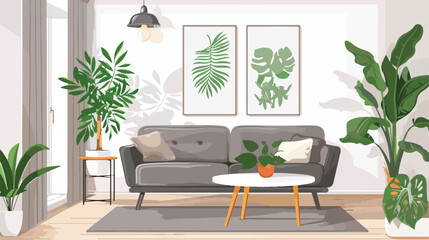 Interior of modern living room with grey sofa coffee