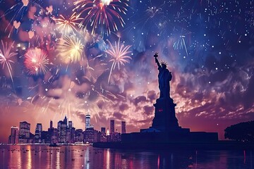 The Statue of Liberty stands proud against a bright sky filled with fireworks and salutes during July 4th Independence Day celebrations in New York City