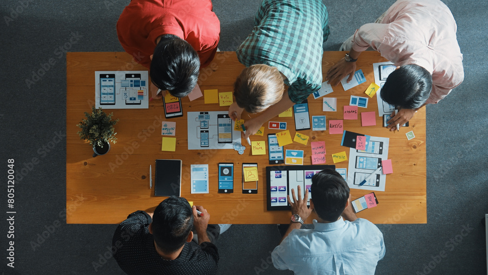 Aufkleber top down view of business team writing idea on sticky note while planing for ux ui design for mobile