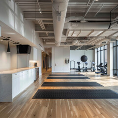 a modern white rectangular office space. light brown floors, black floor mats, gym equipment, office desks, a kitchen. add a basketball hoop