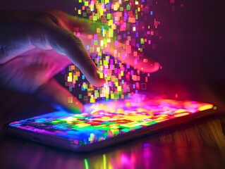 A hand touching a smartphone screen with vibrant pixelated light burst.