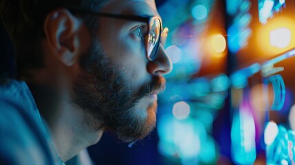 Individual worker participating in an online training session, with a close-up on their concentrated face and the educational content, highlighting continuous learning and development remotely