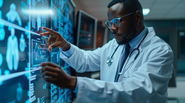 Black engineer at a digital whiteboard, developing AI algorithms for medical diagnostics, highlighting the role of technology in healthcare.