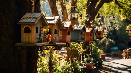 A row of vibrant birdhouses hanging on a tree branch