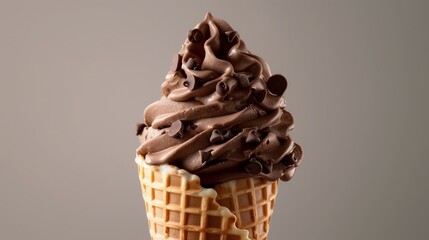 Chocolate soft serve ice cream cone on minimalistic background.