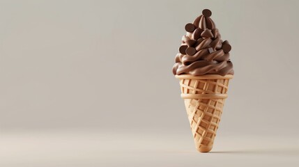 Chocolate soft serve ice cream cone on minimalistic background. Copy space.