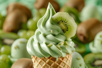Soft serve ice cream cone with kiwi fruit. Macro shot.