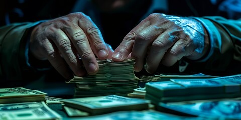 A closeup of hands counting stacks of cash, symbolizing wealth and business success in the corporate world. Dark blue background.