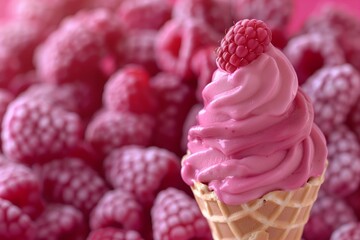 Soft serve ice cream cone with raspberries and fresh berries on the background. Macro.