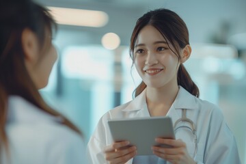 Beautiful Asian female doctor wearing a white coat holding a tablet while talking to a patient in a clinic.