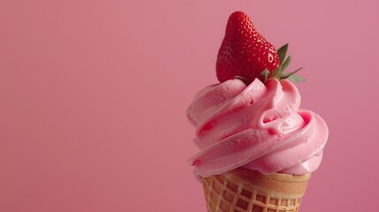 Soft serve ice cream with strawberries in cone on the minimalistic pink background with copy space.