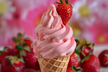 Soft serve ice cream cone with strawberries and fresh berries on the background. Macro.