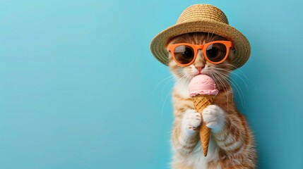 A cute striped red kitten in sunglasses and hat holds ice cream cone in his paws. Blue background. Copy space.