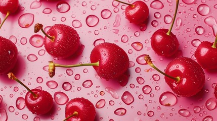 Fresh red cherries on a pink background with water drops. Top view.