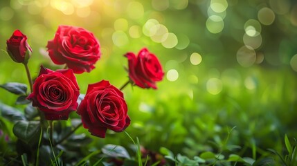 Red roses blooming in the green grass, bokeh background. Copy space.