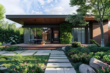 A modern home with wooden cladding and large windows, surrounded by lush greenery and colorful flowers in the garden.