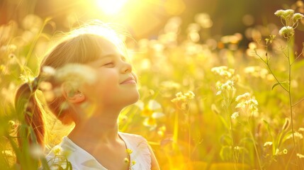 A little girl smiles and breathes fresh air in the sunlit meadow, surrounded by wildflowers.