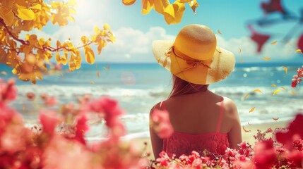 Beautiful woman in straw hat sitting on the beach surrounded by colorful flowers and looking at sea, sunny day, blue sky.