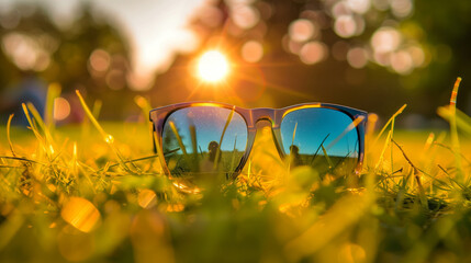 A sunglasses lying on the grass, with sunlight shining through them and reflecting a colorful sky in their lenses.