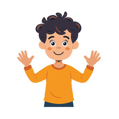 Young boy cartoon character greeting happily. Cheerful child waving both hands, smiling expression, casual clothes. Animated kid showing friendliness, joyful greeting, welcoming gesture