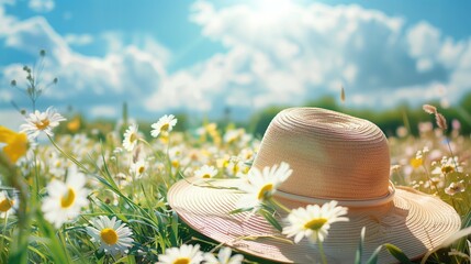 Beautiful summer background with a straw hat and daisies in the field on a sunny day
