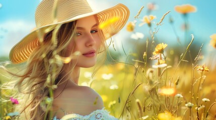 A beautiful young woman in a summer dress and hat stands in a meadow with grass and flowers on a sunny summer day.