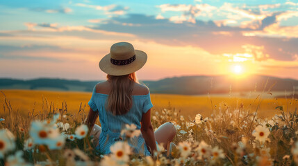 A woman in blue dress and straw hat sitting on the field of flowers at sunset, enjoying nature, back view.
