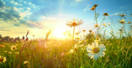 Beautiful meadow with with white daisies on a blue sky background. Sunset.
