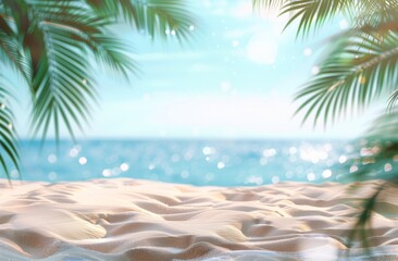 Fototapeta premium Beautiful summertime background with palm leaves against the backdrop of a sandy sea beach under a blue sky. Copy space.