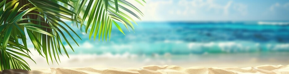 Palm leaves against the backdrop of a sandy sea beach under a blue sky. Copy space. Banner.