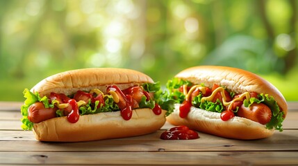 Two hot dogs with mustard and ketchup on rustic wooden table, blurred background.