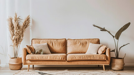Minimalist home decor composition with a sofa and minimal elements. Interior design composition concept.