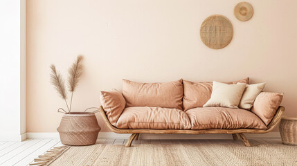 Minimalist home decor composition with a sofa and minimal elements. Interior design composition...