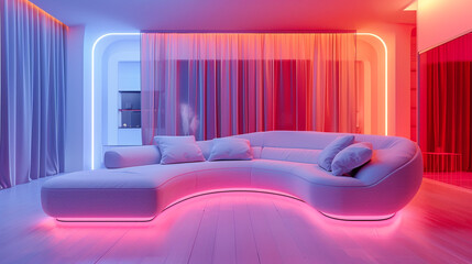 A minimalist, curved sofa with neon pink accents, surrounded by a futuristic, holographic display.
