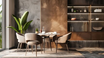 Luxury home living room interior with table and chairs, shelf and mockup wall hyper realistic 