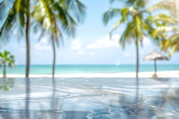 Beautiful marble table top with a blurred beach and palm trees background for product display montage
