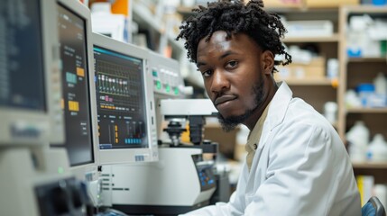 Black scientist at a computer, developing software for medical diagnostics, showcasing diversity and tech's role in healthcare. - Powered by Adobe